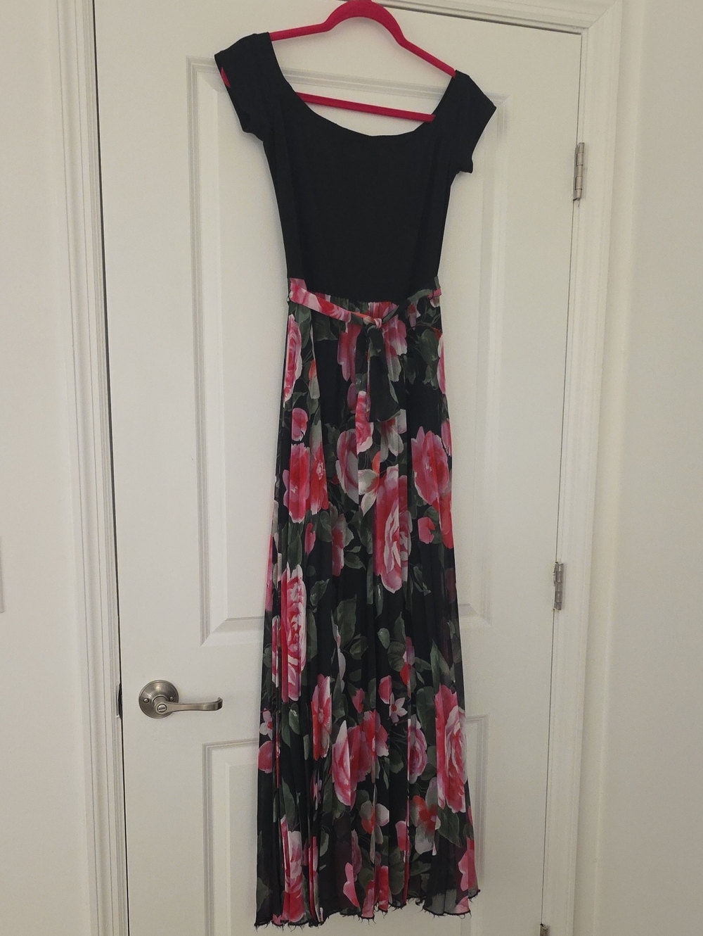 Elegant Black Maxi Dress with Pink Floral Skirt